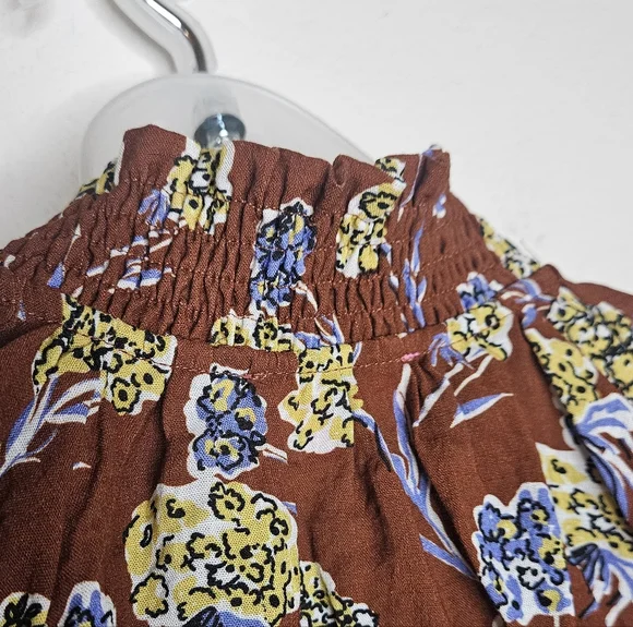 THML Boho Floral Coffee Brown Stripe Detail Ruffle High Neck Short Sleeve Top - Picture 6 of 9